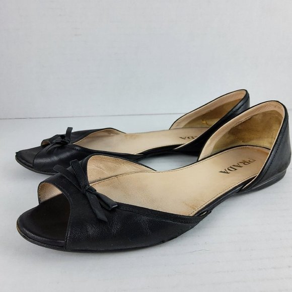Prada Women's Leather D'orsay Flats Slip On Shoes Black Size 36.5 - Picture 8 of 11